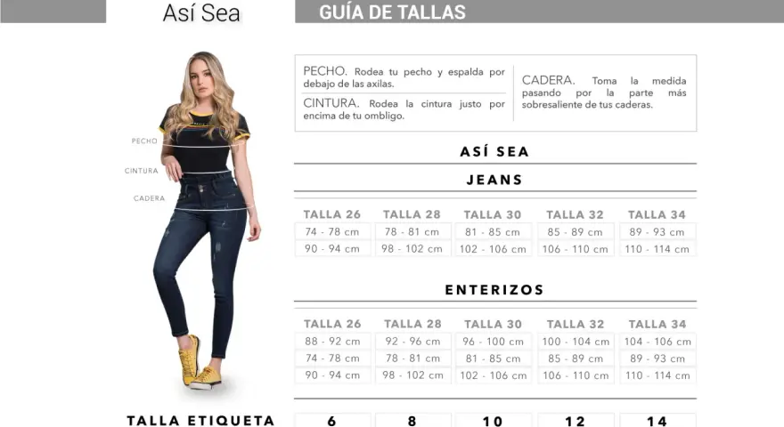 Guía de tallas para jeans. La talla 32 equivale a 85-89 cm de cintura y 106-110 cm de cadera.