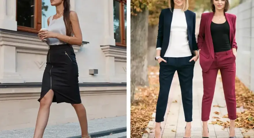 Eleganckie outfit do biura: czarna spódnica z zamkiem i biała bluzka, lub granatowy i bordowy garnitur.