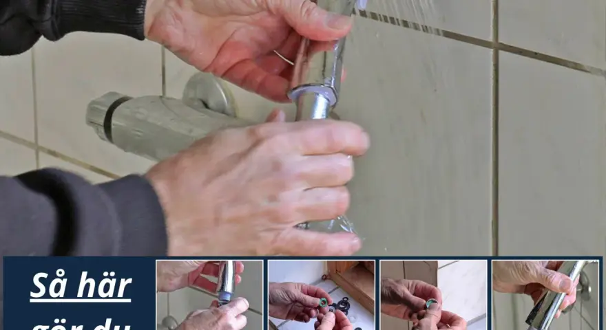 Händer som byter duschslang. En person håller i en duschslang och en kran. Flera små bilder visar steg för steg hur man gör.