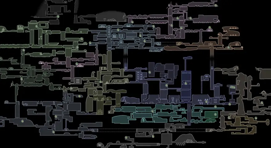 Mapa detallado de Hallownest, mostrando todas las áreas y caminos explorables. Aquí se encuentran todas las larvas Hollow Knight, esperando ser descubiertas.