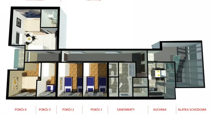 Rzut budynku zamieszkania zbiorowego: apartament, cztery pokoje, sanitariaty, kuchnia i klatka schodowa.