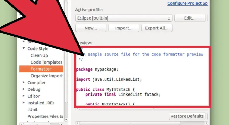 Eclipse-Code-Formatierung im Dark Mode, mit Code-Vorschau.