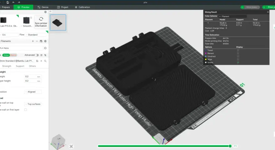 Drukarka 3D z dyszą 0.8 mm, przygotowująca do druku czarny, złożony model. Ustawienia jakości druku, takie jak wysokość warstwy 0.2 mm, są widoczne.