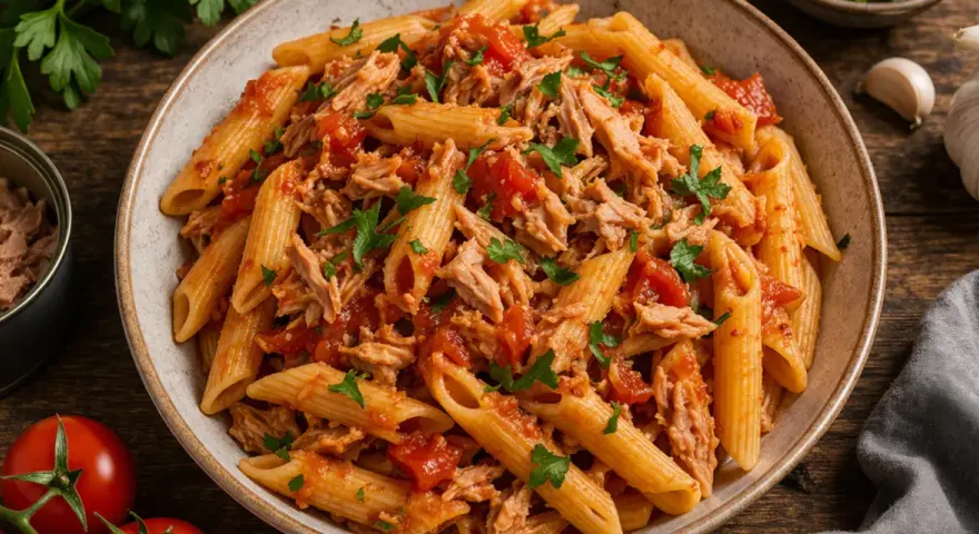 Penne z tuńczykiem i pomidorami, posypane natką pietruszki. Obok puszka tuńczyka, pomidory i czosnek.
