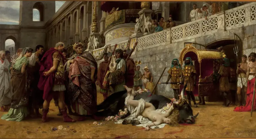 Scena z antycznego Rzymu, gdzie widzimy triumfującego wodza i ofiarę z byka. Obraz ten to przykład bogatych polskich obrazów historycznych.