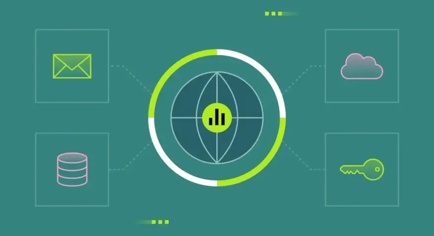 Network monitoring icons: email, database, cloud, key, and a central globe with a chart, representing netflow data analysis.