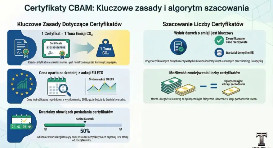 CBAM: 1 certyfikat to 1 tona CO2. Cena oparta na aukcjach EU ETS. Obowiązek posiadania certyfikatów kwartalnie. Możliwość zniżki za opłaty emisyjne.