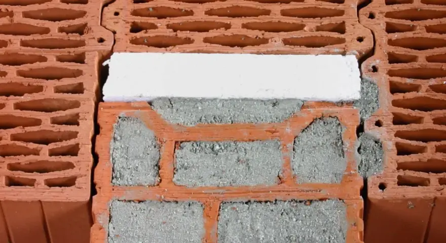 Zbliżenie na pustaki ceramiczne z widocznymi pustymi przestrzeniami i zaprawą. Pokazane są wymiary pustaka i sposób ich układania.