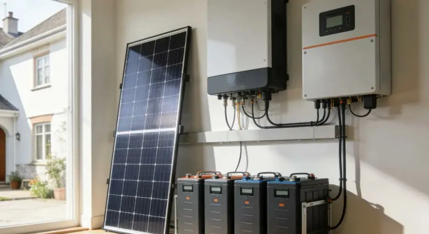 System fotowoltaiczny z panelem ustawionym w poziomie, trzema akumulatorami i dwoma falownikami.