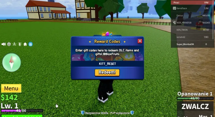 Okno "Reward Codes" w grze Blox Fruits, gdzie można wpisać kody do blox fruits, by otrzymać przedmioty i prezenty.