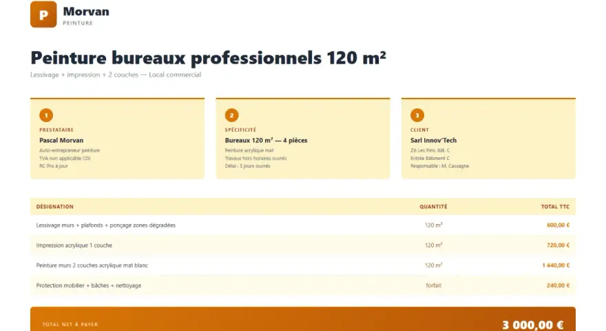 Devis de Pascal Morvan, artiste peintre auto entrepreneur, pour la peinture de bureaux de 120 m². Détails des prestations et tarifs.