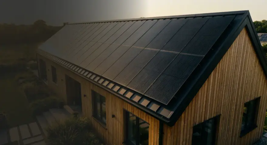 Nowoczesny dom z drewnianą elewacją i panele fotowoltaiczne na dachu. To wizualizacja produkcji energii z fotowoltaiki w poszczególnych miesiącach.