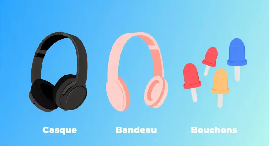 Casque noir, bandeau rose et bouchons colorés pour une isolation sonore parfaite.