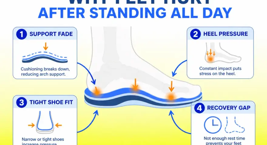 Diagram explains how to relieve foot pain from walking all day: support fade, heel pressure, tight shoe fit, and recovery gap.