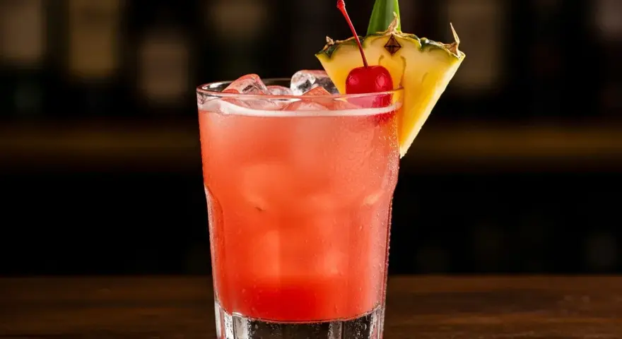 En rosa Singapore Sling med is, garnerad med en körsbär och ananasskiva.