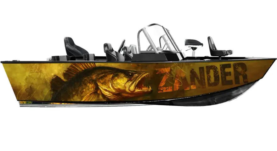 Łódź z grafiką drapieżnej ryby i napisem "ZANDER". Idealna dla wędkarzy szukających najlepszych łowisk.