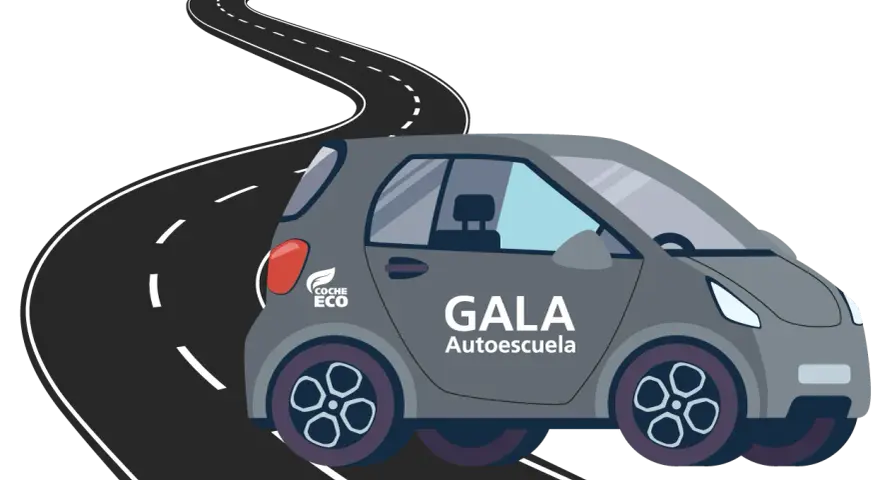 Coche gris de autoescuela GALA en una carretera sinuosa. ¡Pronto tendrás tu permiso AM que puedes conducir!