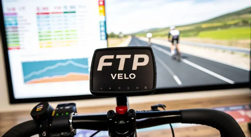Écran d'entraînement cycliste affichant des données et une course virtuelle. Le logo FTP VELO est bien visible, prêt pour un entraînement de cycliste pro.