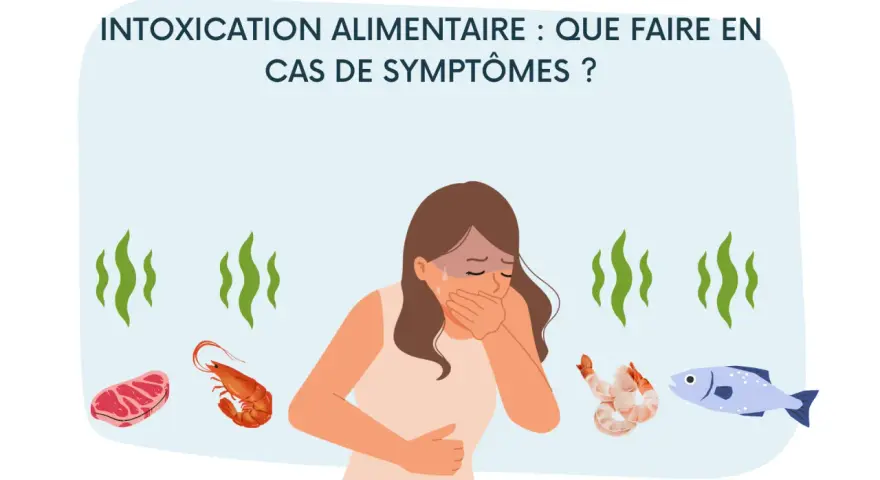 Une femme souffre de symptômes d'intoxication alimentaire. Que faire en cas de symptômes ? Viande, crevettes, poisson.