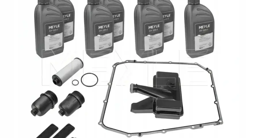 Zestaw do audi a4 b8 wymiana oleju w skrzyni manualnej: 4 butelki oleju MEYLE ATF SGO S, filtr, uszczelka miski olejowej, sitko, śruby.