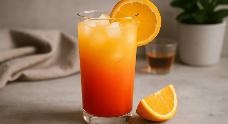 Kolorowy drink tequila sunrise z lodem i plasterkiem pomarańczy, idealny na letnie popołudnie.