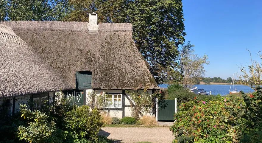 Reetgedecktes Haus am Wasser, ein **damp geheimtipp** mit Booten im Hintergrund.