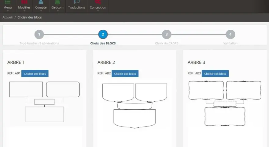 Interface logicielle pour créer un arbre famille. Trois modèles d'arbres sont proposés : ARBRE 1, ARBRE 2 et ARBRE 3.