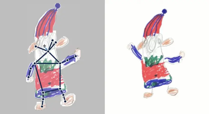 Dessin d'animation : un personnage enfantin avec un squelette numérique superposé, prêt à bouger.