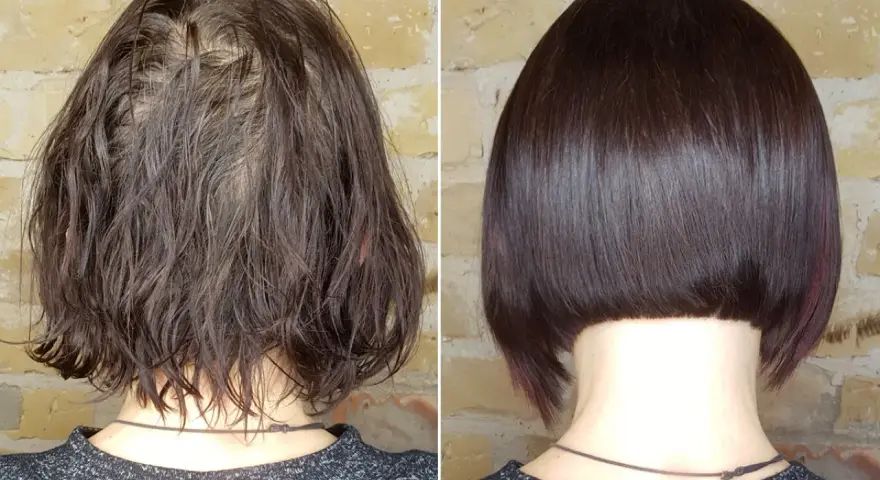 Vorher-Nachher-Vergleich: Dünnes Haar wird zu voluminösem Bob gestylt.