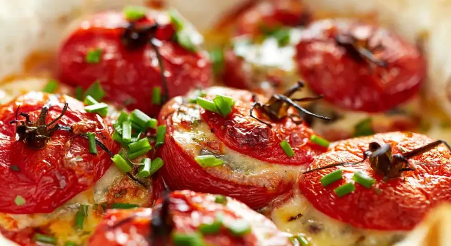 Pomodori ripieni al forno, dorati e succosi, con formaggio fuso e erba cipollina. Un'idea gustosa per un antipasto o un contorno.