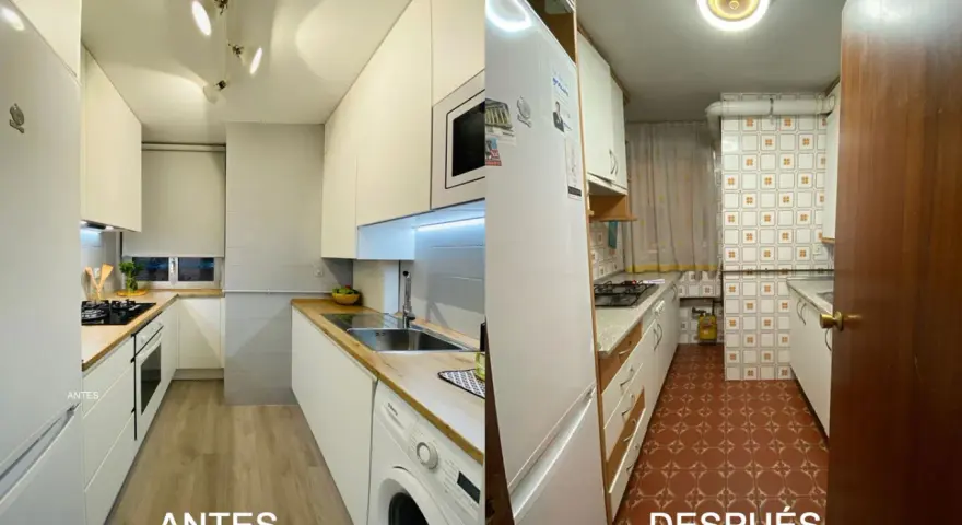 Cocina renovada: antes con azulejos anticuados, después con un diseño moderno y minimalista. ¡Descubre las últimas tendencias en azulejos para cocinas!