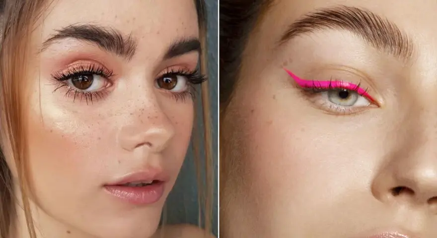 Naturalne, gęste brwi to hit! Na lewym zdjęciu dziewczyna z piegami i różowym makijażem, na prawym oko z neonowym eyelinerem.