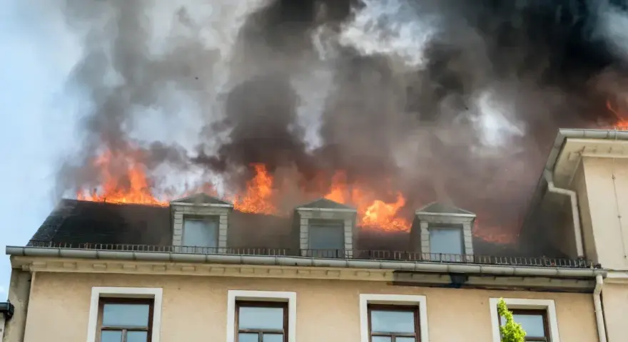Dachstuhlbrand mit Flammen und schwarzem Rauch. Ein trauriger Nachweis, warum eine Hausratversicherung wichtig ist.