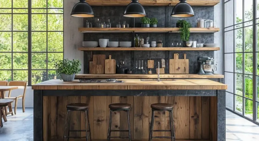 Cucina con isola in legno grezzo e sgabelli, mensole con utensili e piante. Un perfetto esempio di stile rustico moderno.