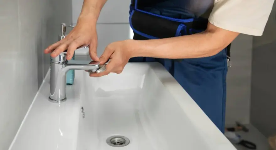 Man con mono azul trabajando en un lavabo blanco, ajustando un grifo cromado.