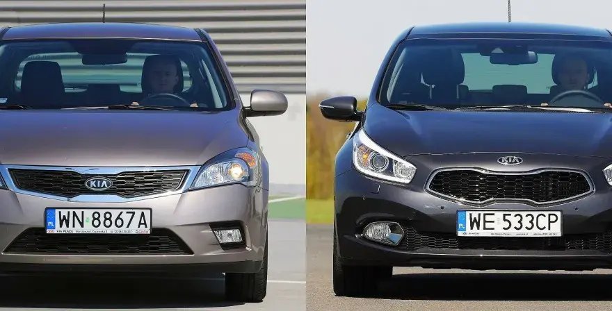 Dwa samochody Kia Ceed 1.6 CRDi stoją obok siebie, jeden brązowy, drugi ciemnoszary.