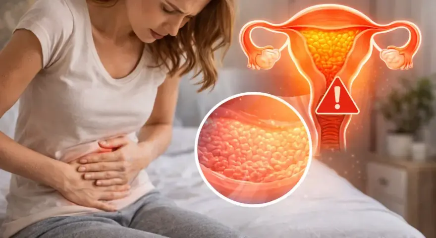 Kobieta z bólem brzucha. Grafika pokazuje macicę z wykrzyknikiem, sugerując, czy przerost endometrium jest groźny.