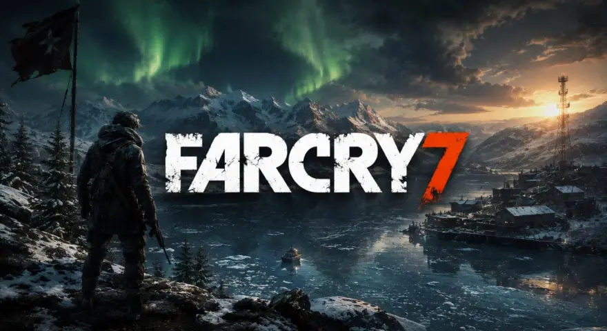 Zimowy krajobraz z zorzą polarną i napisem FAR CRY 7. Postać w zimowym ubraniu stoi na wzgórzu, patrząc na zamarznięte jezioro i osadę.