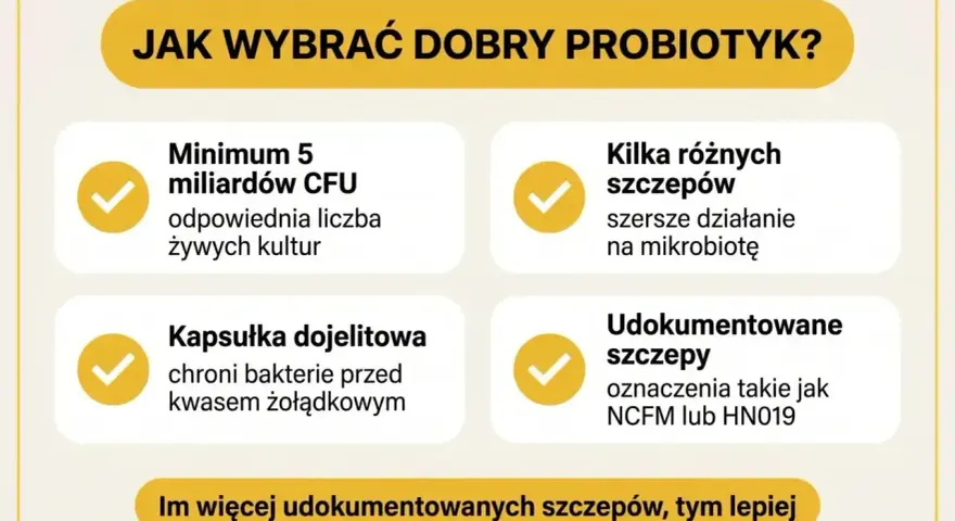 Jak wybrać dobry probiotyk dla dzieci? Minimum 5 miliardów CFU, kilka szczepów, kapsułka dojelitowa i udokumentowane szczepy to klucz do zdrowia.
