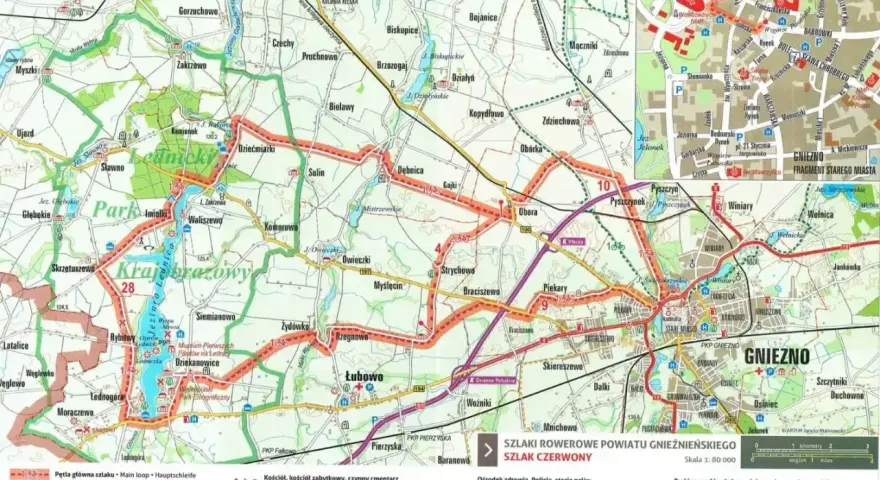 Piastowski trakt rowerowy w Gnieźnie i okolicach. Mapa szlaków rowerowych z zaznaczonymi atrakcjami turystycznymi.