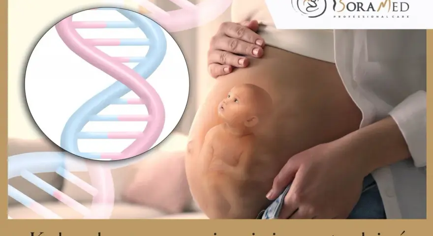 Wizualizacja rozwoju dziecka w 19 tygodniu ciąży, z symbolem DNA.