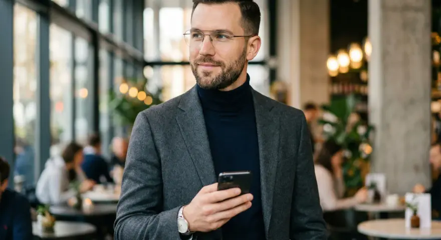 Elegancki mężczyzna z telefonem, zastanawia się nad typami osobowości tinder.
