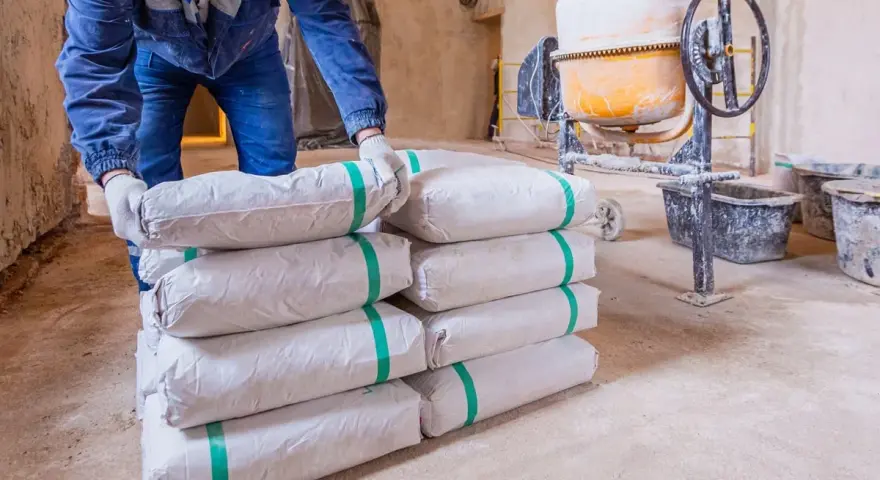 Budowlaniec układa worki z cementem, przygotowując się do mieszania betonu w proporcjach 1 do 3. W tle betoniarka i wiadra.