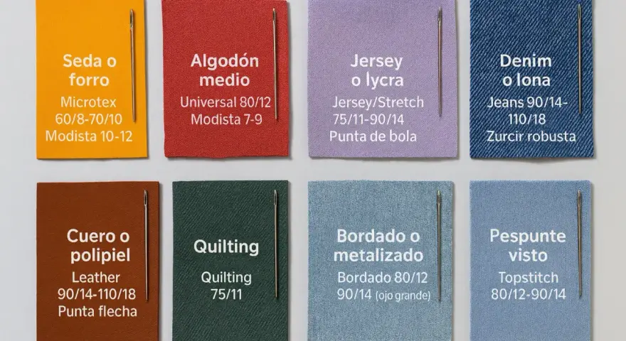 Ocho muestras de tela con agujas: seda, algodón, jersey, **denim** (vaquero), cuero, quilting, bordado y pespunte.