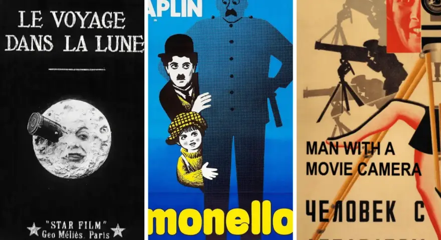 Collage of three vintage film posters: "Le Voyage dans la Lune," Charlie Chaplin, and "Man with a Movie Camera.
