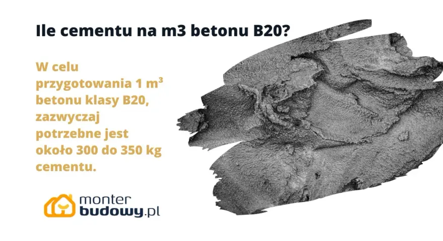 Fragment betonu B20 z tekstem informującym o ilości cementu potrzebnego na 1 m³.