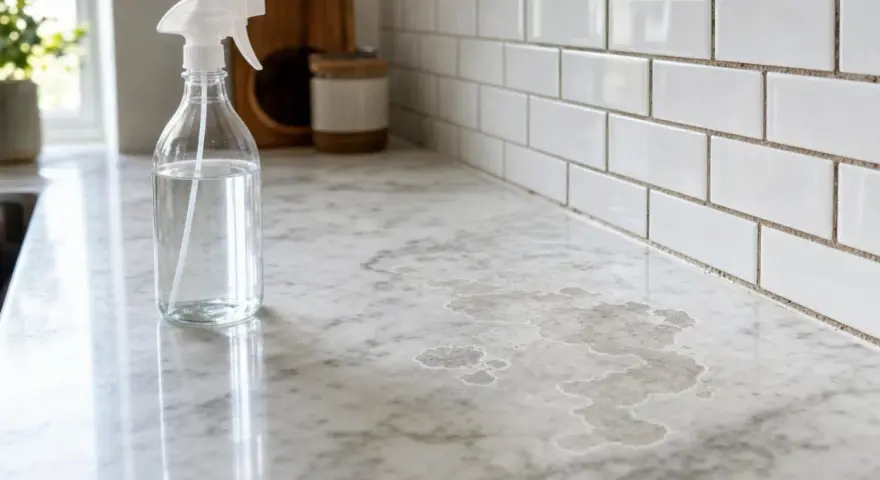 Une bouteille de vinaigre blanc sur un comptoir en pierre naturelle, prêt à nettoyer les taches.