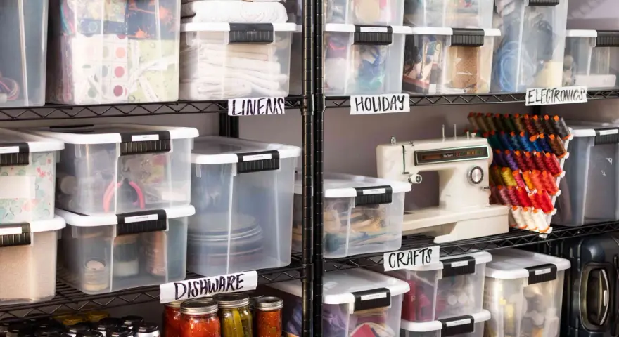 Organized basement storage ideas with labeled clear bins for linens, holiday items, crafts, electronics, and dishware.