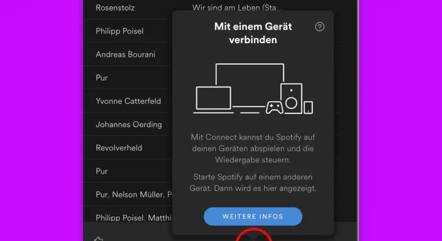 Spotify Connect: Musik auf mehreren Geräten abspielen und steuern. Ein Pop-up erklärt, wie.