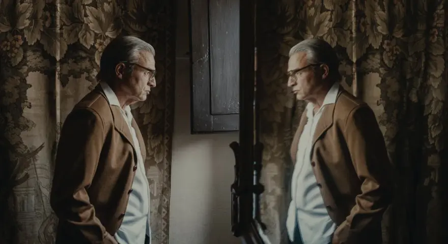 Uomo anziano con giacca marrone e camicia bianca, riflesso in uno specchio. L'arredamento suggerisce un'eleganza d'altri tempi, forse un omaggio a Balenciaga di dove è.